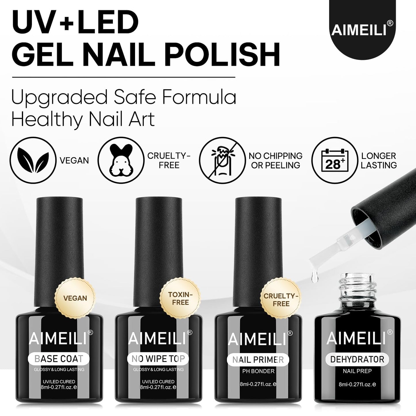 AIMEILI Gel Nail Polish 4pcs, Hema Free, Cruelty Free, Vegan, U V LED Nail Art - Base Coat, No Wipe Top Coat, Nail Dehydrator and Primer