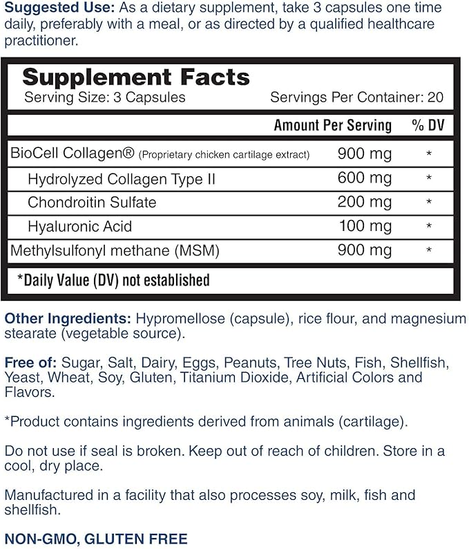 Nature's Lab Hyaluronic Acid with Biocell Collagen and MSM - Skin Hydration, Joint Health - 60 Capsules (20 Day Supply)