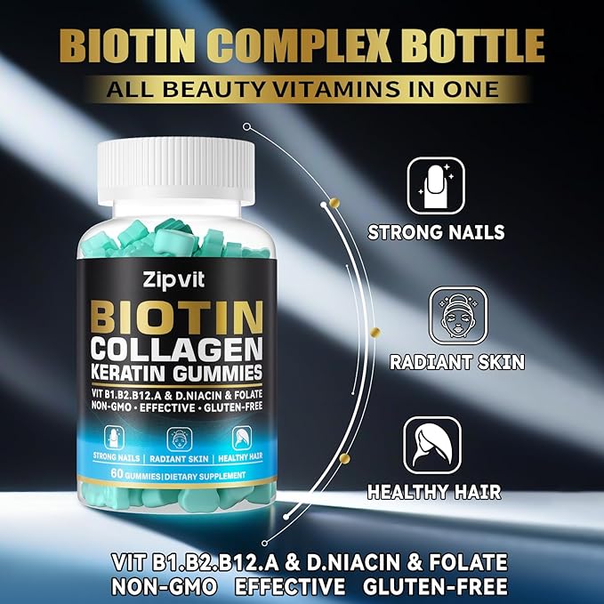 Biotin Collagen Gummies – Hair Skin and Nails Vitamins for Women & Men – Hair Growth Vitamins: B1, B2, B3, B6, B7, Collagen, Keratin, Vitamin A & D – Hair Growth Supplement – 120 Gummy Bears