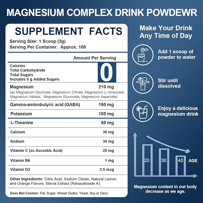 Magnesium Powder Supplement with Glycinate, Citrate, Malate, Magnesium Complex with L-Theanine & Vitamin B6 for Muscle, Heart & Brain, Vegan, Non GMO, 10.58 oz (100 Servings), Lemon Orange Flavor