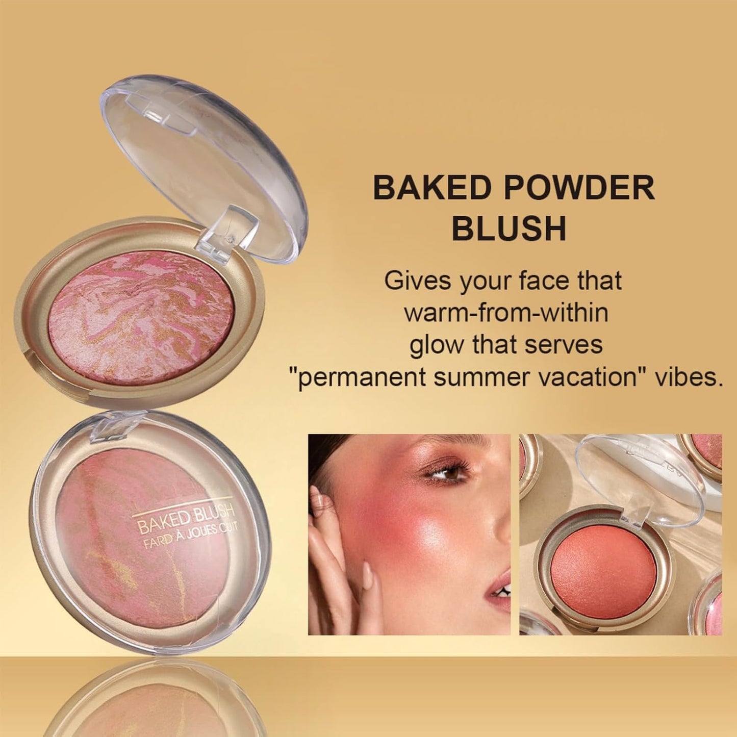Baked Blush, Marbleized Blush for Cheeks, Shimmery Satin Finish Blushes Powder Palette, Buildable Color Natural Face Makeup Powder
