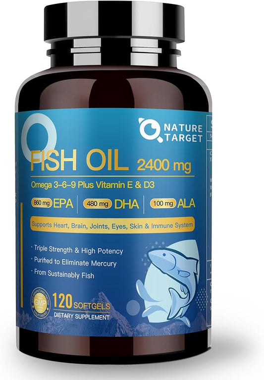 Triple Omega 3 6 9, Fish Oil 2400mg Softgels with Vitamin D3 & E - EPA & DHA & ALA - Supports Heart, Brain, Joint & Immune Health, Sustainably Sourced, Non-GMO