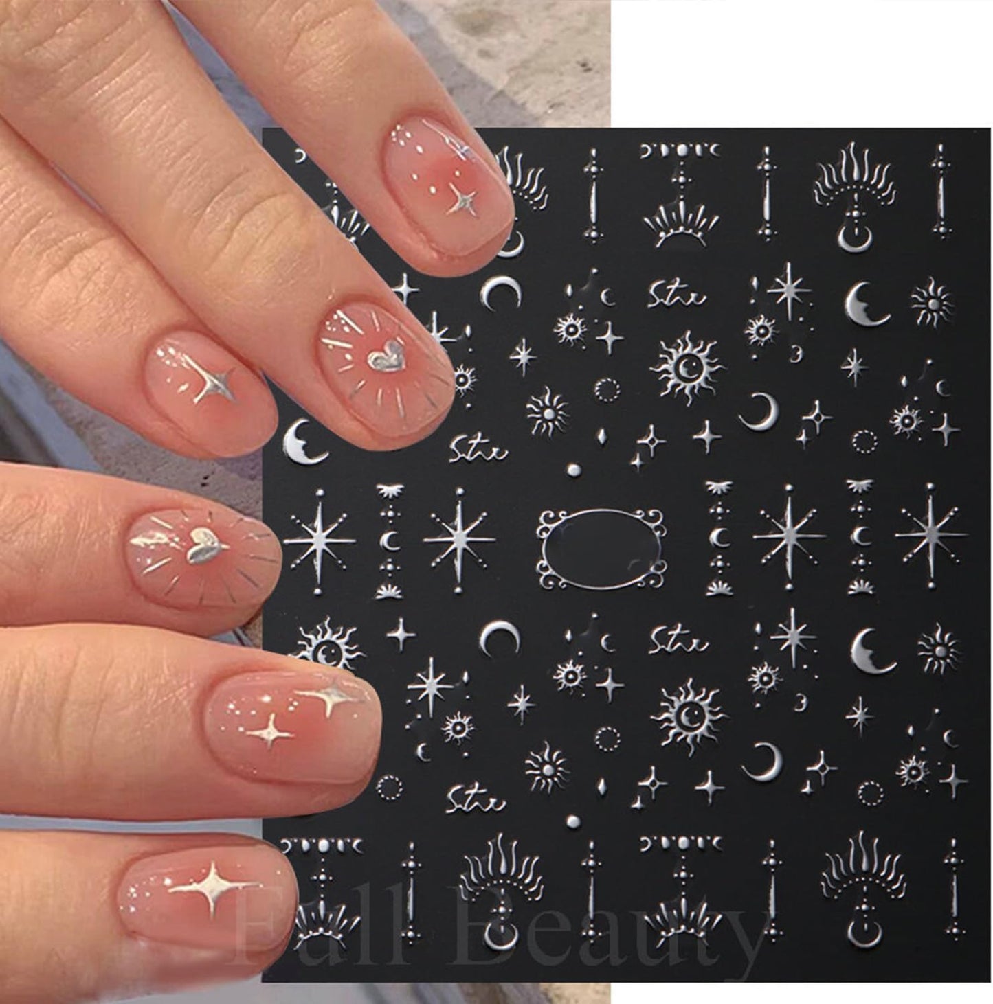 Metallic Silver Nail Art Stickers 3D Self-Adhesive Nails Stickers Bohemian Sun Moon Hexagram Butterfly Heart French Tip Decal Supplies Women DIY Silver Metal Nail Art Decoration 4Sheets