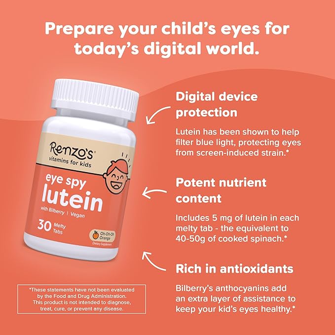 Renzo's Eye Spy Lutein with Bilberry Extract – Dissolvable Kids Vitamins for Eye Health - Sugar-Free Eye Supplements, 30 Orange-Flavored Melty Tabs