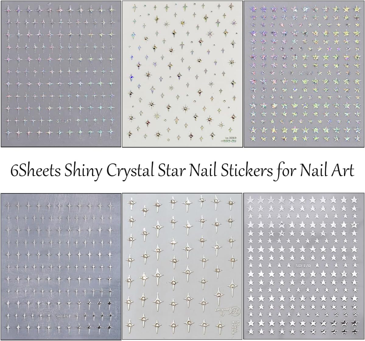 Holographic Star Nail Stickers 3D Glitter Silver White Stars Nail Design Nail Art Supplies Laser Star Nail Decals Self-Adhesive Nail Decoration Kit for Women Girls DIY Manicure Tips 6 Sheets