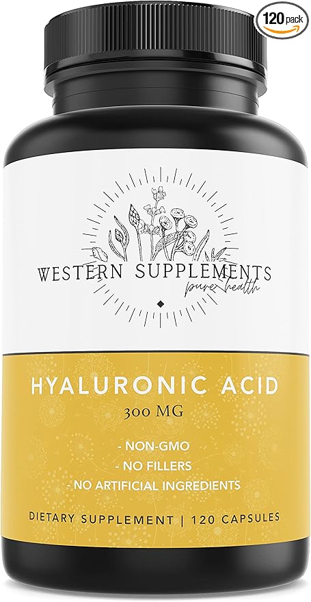Western Supplements 300mg Pure Hyaluronic Acid Supplement with Vitamin C - 1 Capsule Serving – 3 Month Supply, Supports Healthy Skin, Anti-Aging, Beauty, Hydration, Joints