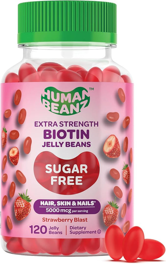 Sugar Free Biotin Jelly Bean Gummy Vitamins, 5000mcg Extra Strength Biotin for Hair, Skin, and Nails, 120 Strawberry Blast Jellybeans Vitamins for Men and Women, Kosher