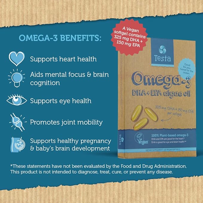 Testa Omega-3 Supplement - Vegan Based Omega 3 DHA EPA Capsules from Algae - Omega 3 Fatty acids - Supports Heart, Brain & Joint Health - Plastic Negative, RTG, and Kosher - Two Months Supply
