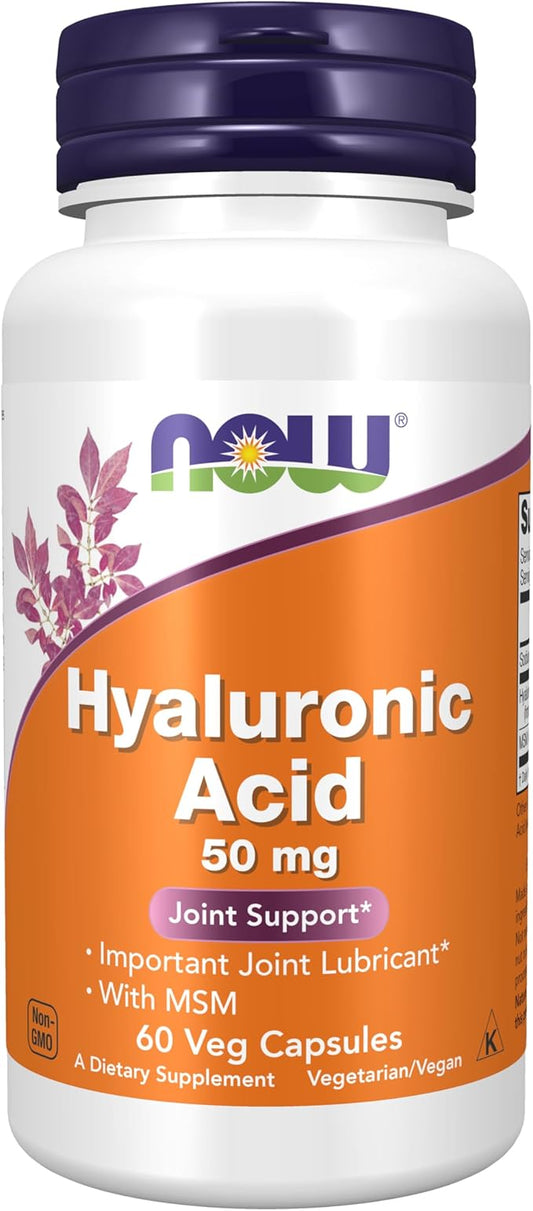 NOW Foods Supplements, Hyaluronic Acid 50 mg with MSM, Joint Support*, 60 Veg Capsules (Pack of 1)