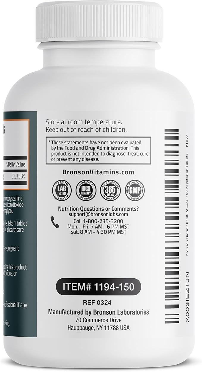 Bronson Biotin 10,000 MCG Supports Healthy Hair, Skin & Nails & Energy Production - High Potency Beauty Support - Non-GMO, 150 Vegetarian Tablets