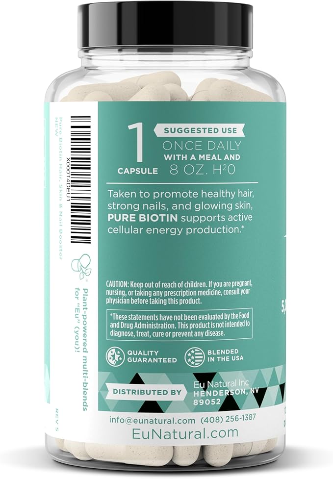 Biotin 5000 mcg Hair Skin Nails Supplement – High-Potency Hair Growth Vitamins for Women & Men – Provide Powerful Support for Healthy Hair, Stronger Nails and Glowing Skin – 120 Vegan Soft Capsules