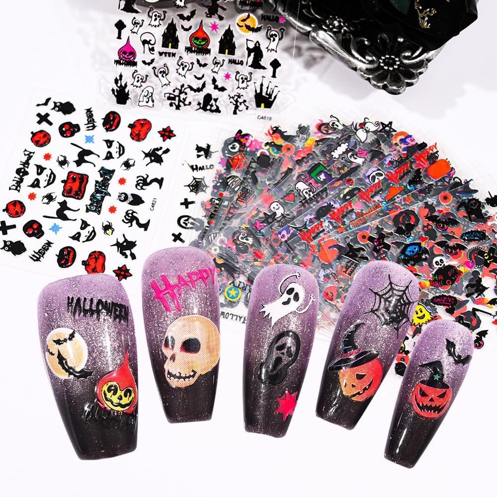 24 Sheets Halloween Nail Stickers Pumpkin Ghost Face Nail Decals 3D Self-Adhesive Nail Supplies Spider Web Cat Bat Nail Art Stickers for Acrylic Nails for Women Kids DIY Manicure Decorations