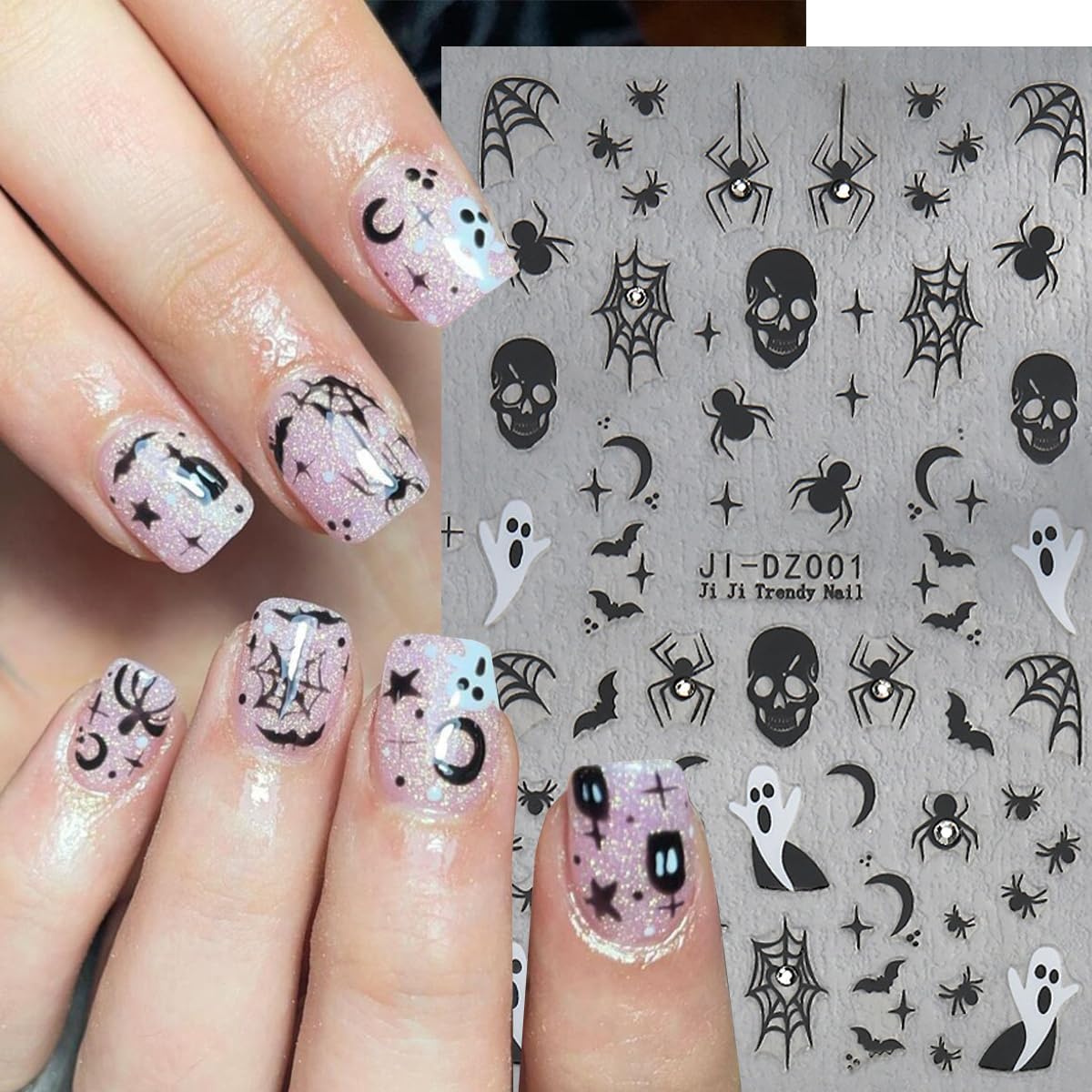 Halloween Nail Stickers Bat Nail Art Stickers Spider Web Nail Decals Gold Star Spider with Rhinestone Design Ghost Nail Sticker for Nail Art Decor Manicure Accessories for Women 6Sheets