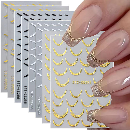 350 Pcs French Tips Nail Stickers, 8 Sheets 3D Self-Adhesive Classic Gold Silver Black Rose Gold French Tip Nail Designs for Short Nails Gel Polish