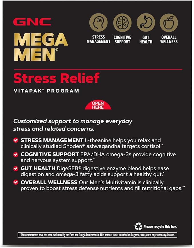 GNC Mega Men Stress Relief Vitapak, Stress & Cortisol Management, 30 Count