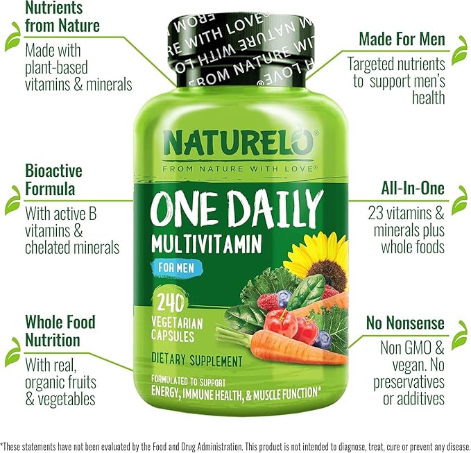 NATURELO Mens Multivitamins - One Daily Multivitamin for Men with Vitamins, Minerals & Organic Whole Foods, Boost Energy & Health, Non-GMO, 240 Vegetarian Capsules
