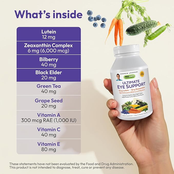 ANDREW LESSMAN Ultimate Eye Support 180 Softgels - 12mg Lutein, 6mg Zeaxanthin, Bilberry, Key Nutrients to Support Eye Health and Promote Healthy Vision. No Additives. Easy to Swallow Softgels