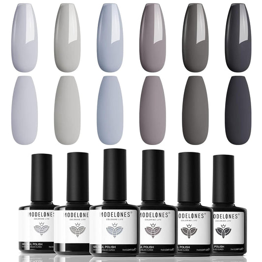modelones Grey Gel Nail Polish Set 6 Colors, Gray Tone Dark Cloud Stone Seal Iron Fossil Shades Collection All Seasons Soak Off LED Nail Art Gel Kit Soak Off Manicure Salon DIY Home Gift
