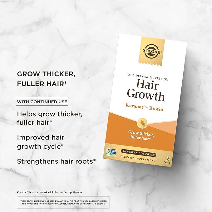 Solgar Hair Growth Age-Defying Nutrition For Men & Women—Thicker Fuller Hair Growth with Keranat Oil, Biotin, Zinc and Copper - One Softgel Daily, Vegan, Dairy, Soy and Gluten Free, 30 Servings