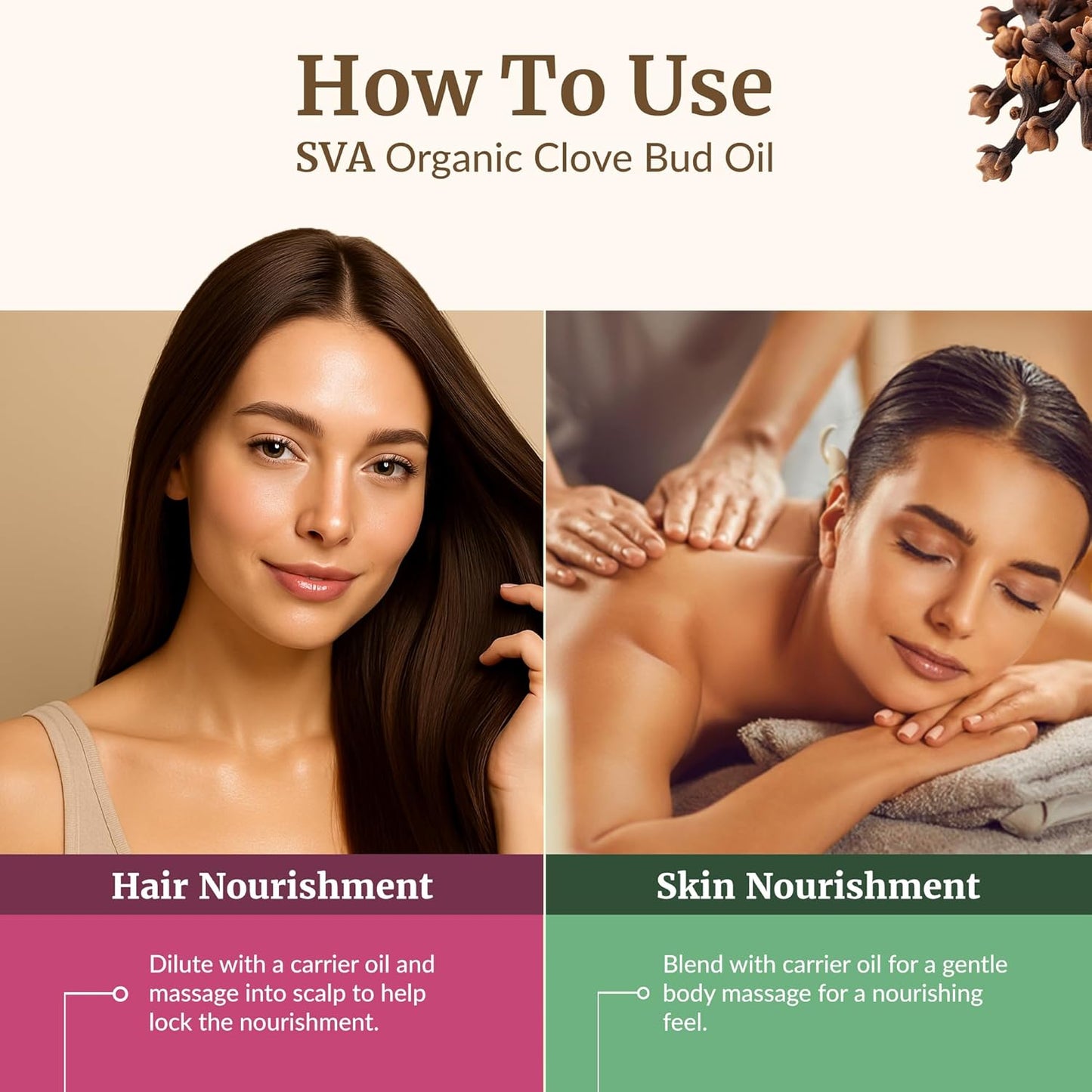 SVA Clove Essential Oil Organic – 4 Fl Oz – 100% Natural Organic Clove Oil - for Diffuser, Hair Care, Face, Skin Care, Aromatherapy, Scalp and Body Massage, Soap and Candle Making - with Dropper