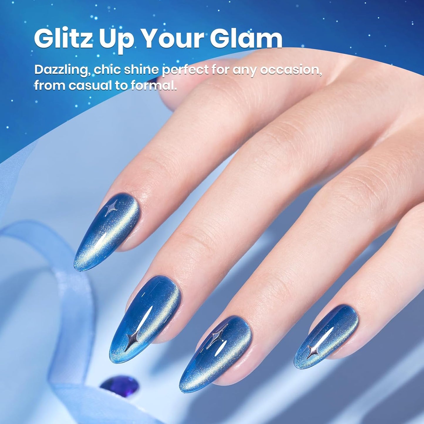 Beetles Blue Cat Eye Gel Nail Polish - 15ML Blue Glass Cat Eye Glitter Magnetic Gel Polish Shimmer Soak Off UV Stellar Whisper Collection Nail Art Design Manicure Gifts for Women