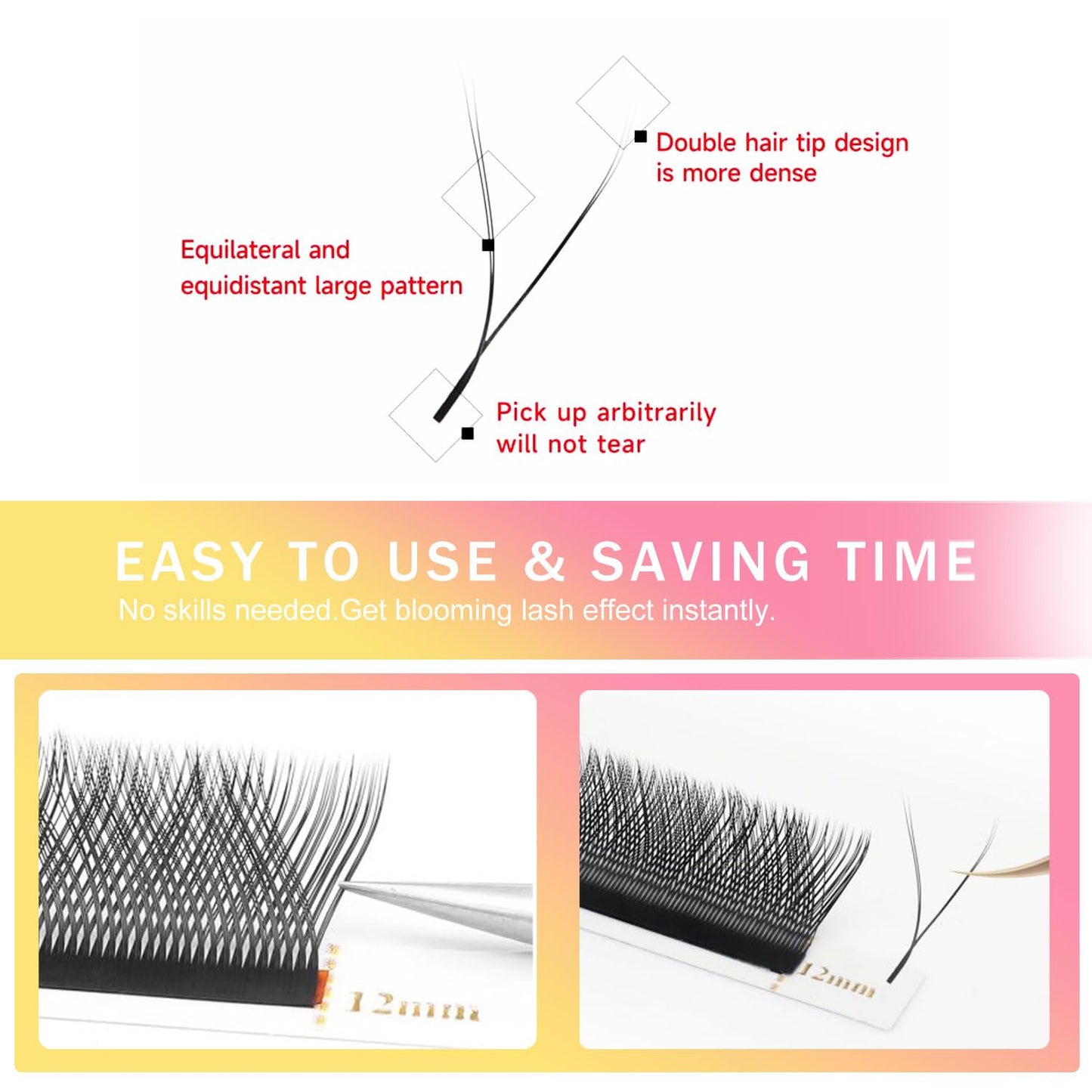 YY Lash Extensions Supplies Y Eyelash Extensions 0.05mm Thickness D Curl 12mm Premade Fans 4D Russian Volume Matte Black 12 Rows Crisscross Eye Lashes(YY-0.05-D,12mm)