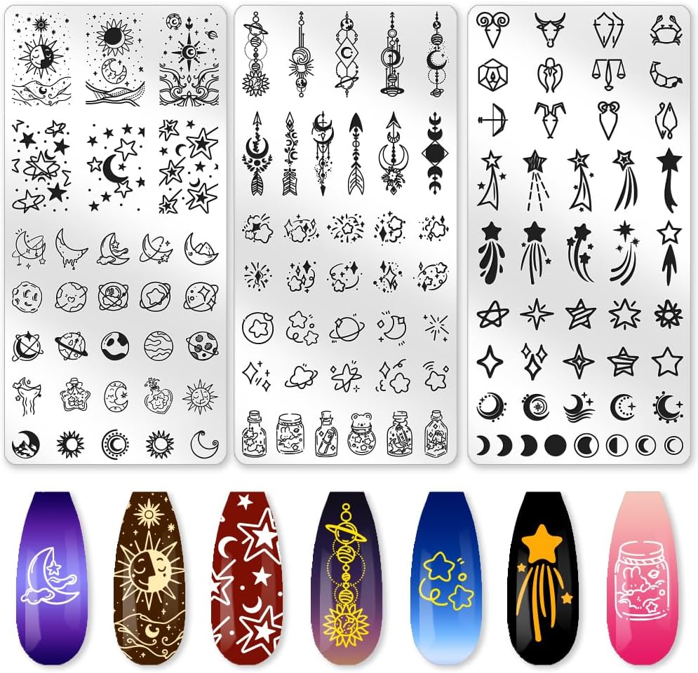 3Pcs Sun Moon Star Nail Stamping Plate Nail Stamping Templates French Tip Nail Art Stamp Plates Image Plate Stainless Steel DIY Reusable Tools for Manicure Printing