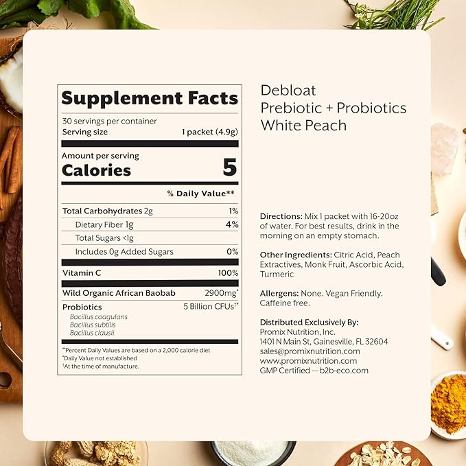 Promix Debloat Prebiotics and Probiotics for Digestive Health, Bloating Relief, Gut Health, Candida Cleanse - White Peach - 30 Count