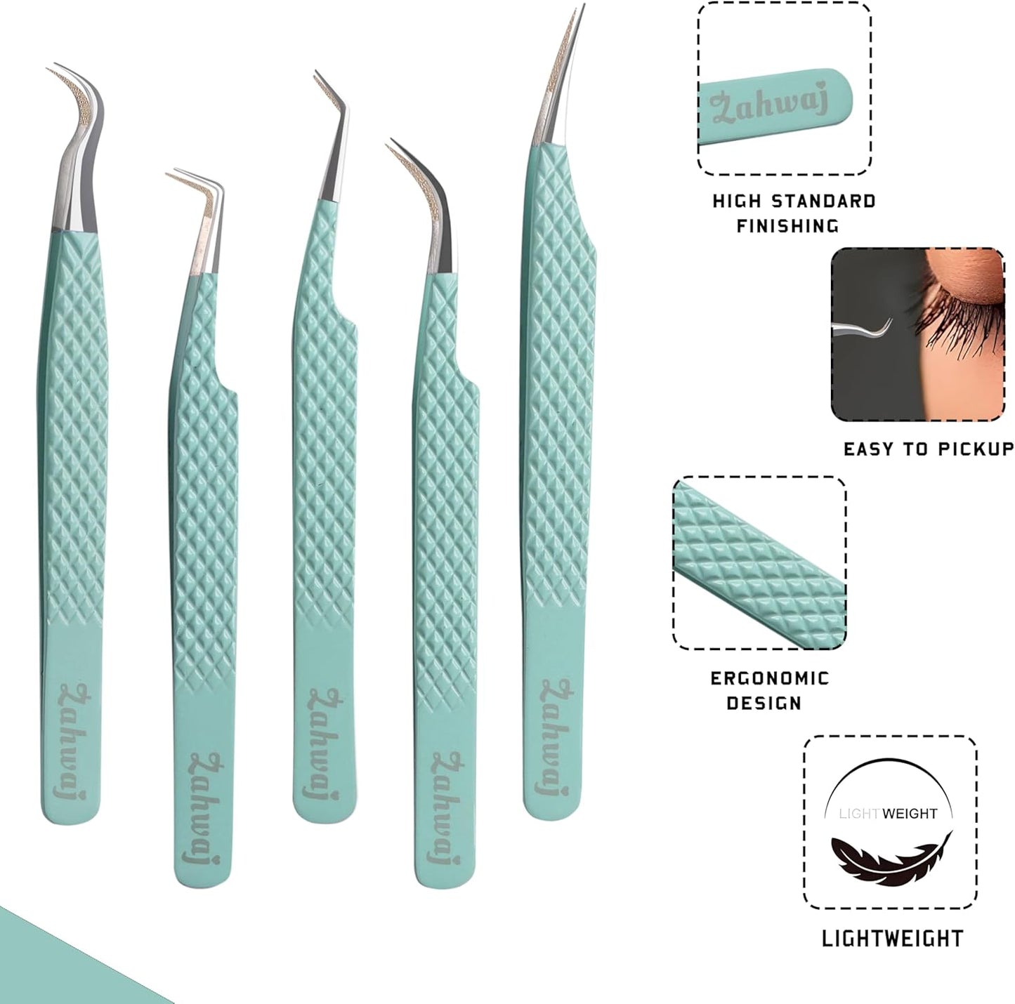 Lash Tweezers - Set of 5 Diamond Grip Eyelash Tweezers - Stainless Steel Professional Fiber Tip Lash Tweezer for Eyelash Extensions (Light Green)