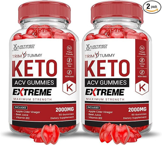 (2 Pack) Trim Tummy Keto ACV Gummies Extreme 2000MG Trim Tummy Keto Gummies Apple Cider Vinegar Formulated with Pomegranate Beet Juice Powder B12 Vegan Non GMO 120 Gummys