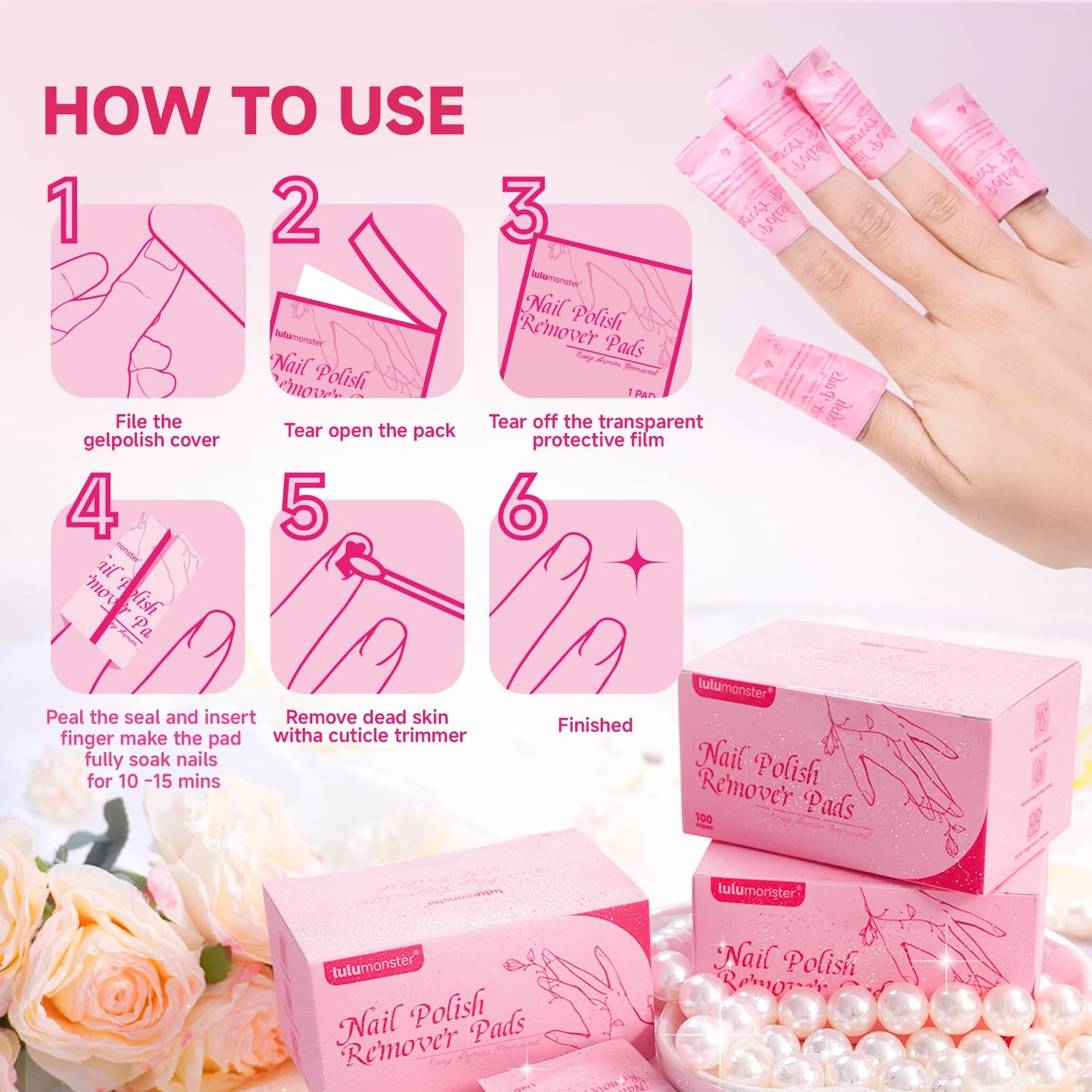 Nail Polish Remover Pads 100 Pack Gel Nail Polish Remover Wipes - Individually Wrapped - Quick Nail Polish Remover Wipes - Fingernail Travel Kit to Clear Nail Polish for Home & Professional Removal