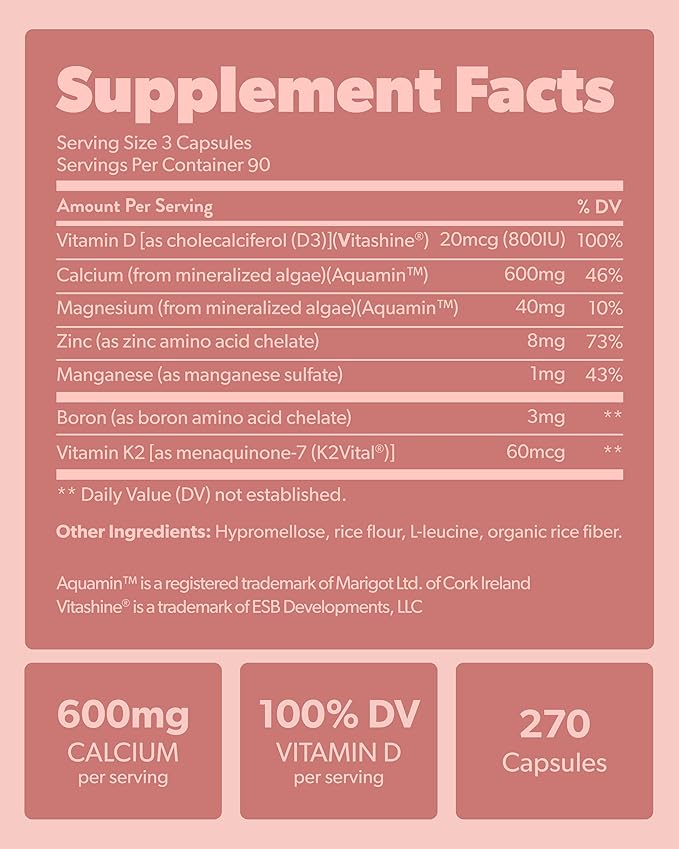 Calcium Supplement - Whole Food with Vitamin K2 & D3, Magnesium, Zinc, Boron, Mineral Complex. Sourced Sustainably from Red Algae. for Bone Strength and Support. Non-GMO & Vegan (270 Count)