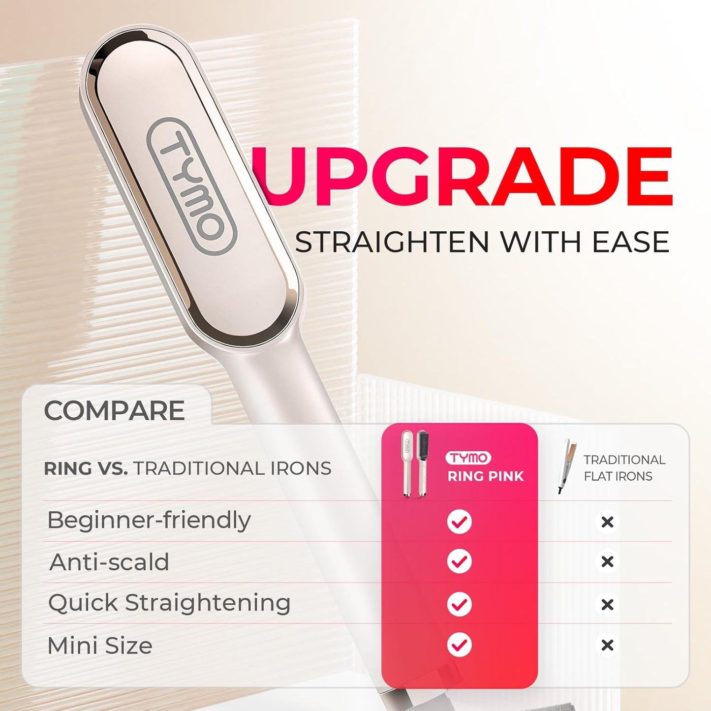 Hair Straightener Brush, TYMO Ring Hair Straightener Comb Straightening Brush for Women with 5 Temps 20s Fast Heating & Dual Voltage, Gold