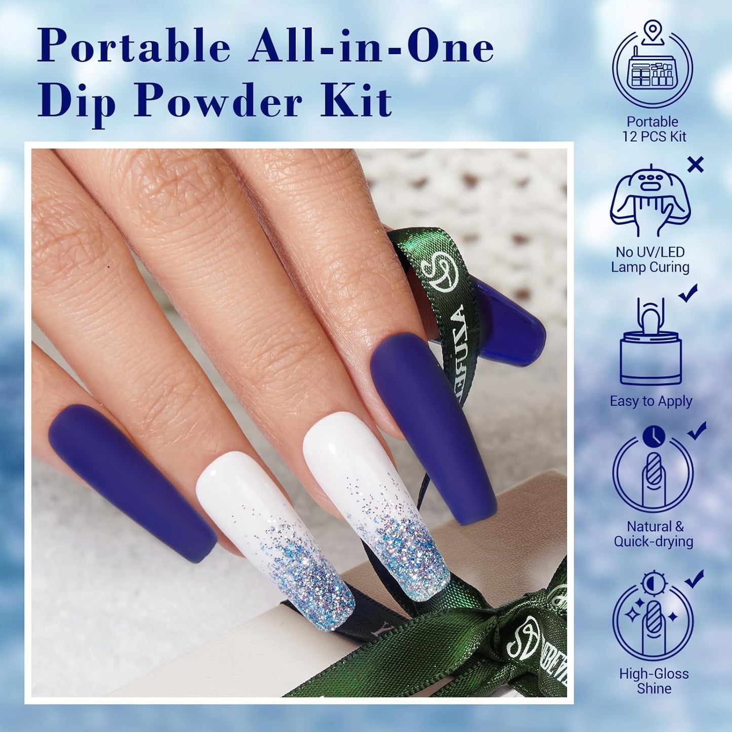 AZUREBEAUTY Christmas Dip Powder Nail Kit Winter White Navy Blue Glitter 4 Colors Acrylic Dipping Powder Liquid Set with Base/Top Coat Activator for French Nail Art Manicure DIY Gift for Women