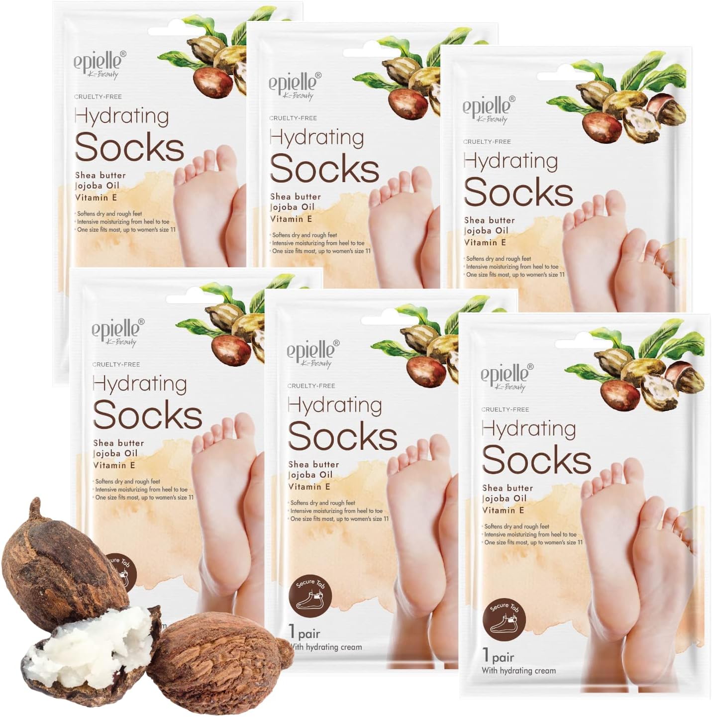 Epielle Hydrating Foot Masks 6 Pairs, Deep Moisturizing Socks for Dry Feet & Cracked Heels, Relieve and Soften with Shea Butter & Jojoba Oil, Korean Skin Care, Spa Set, Self Care Gifts for Women