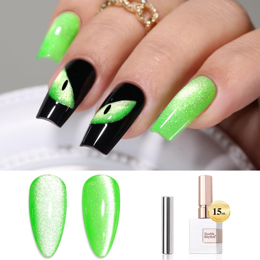 Double Rhythm 15ML Cat Eye Gel Polish with Magnet Glitter Shimmer Translucent Jelly Color 0.5 OZ Magnetic Gel Polish Salon DIY at Home (Green-MC1068)