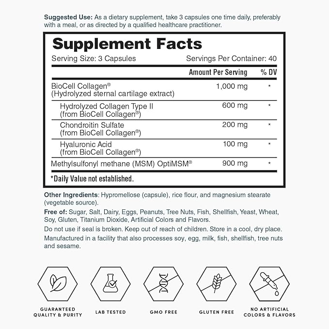Nature's Lab Hyaluronic Acid with Biocell Collagen and MSM - Skin Hydration, Joint Health - 120 Capsules (40 Day Supply)