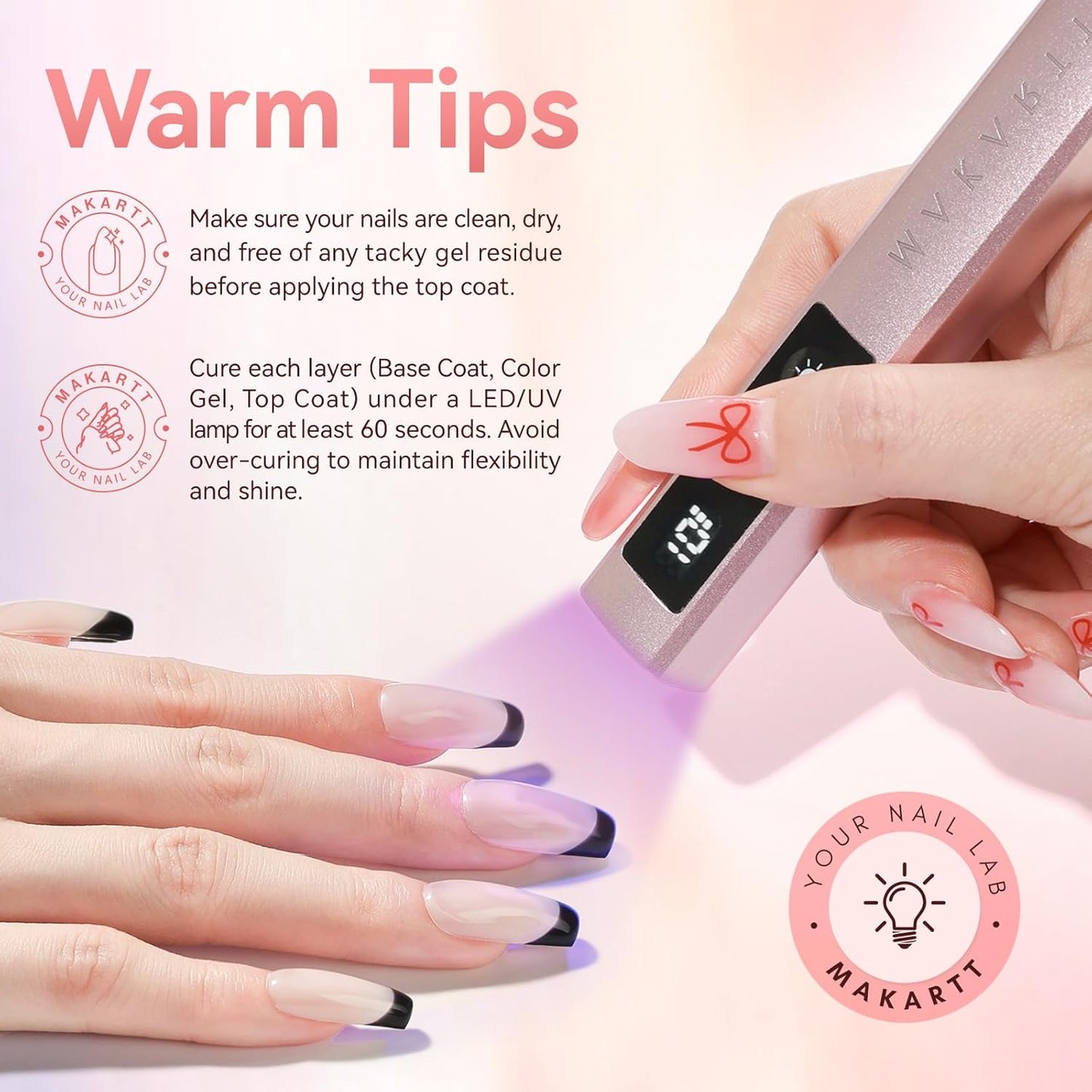 Makartt Gel Top Coat - 2PCS No Wipe Top Coat Gel Nail Polish, Long-Lasting Glossy Finish, Clear Nail Polish, Non-Yellowing, Pink Bottle, Soak Off with UV/LED Lamp, DIY Manicure Gift for Women