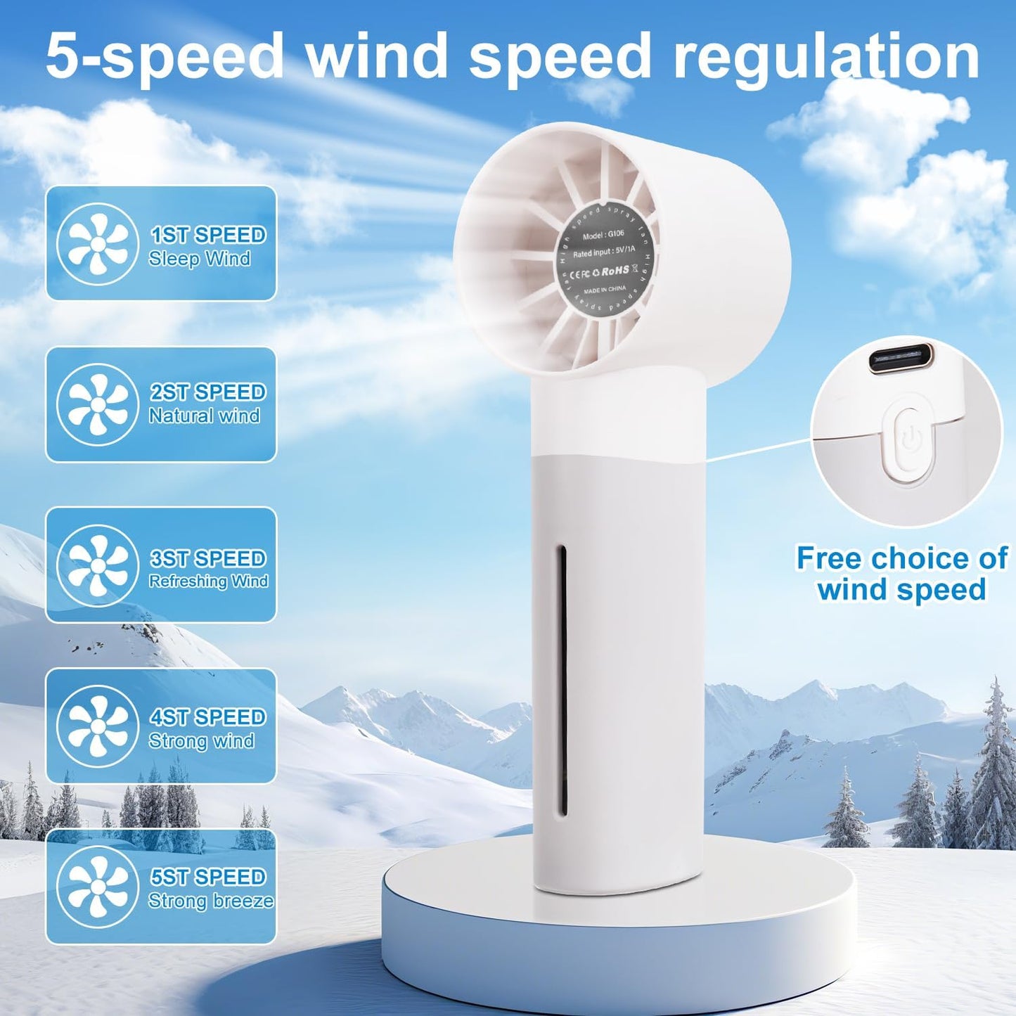 Portable mini spray fan, hand-held rechargeable humidification and water supplement fans, 5-speed, suitable for travel, beach and office use (white)