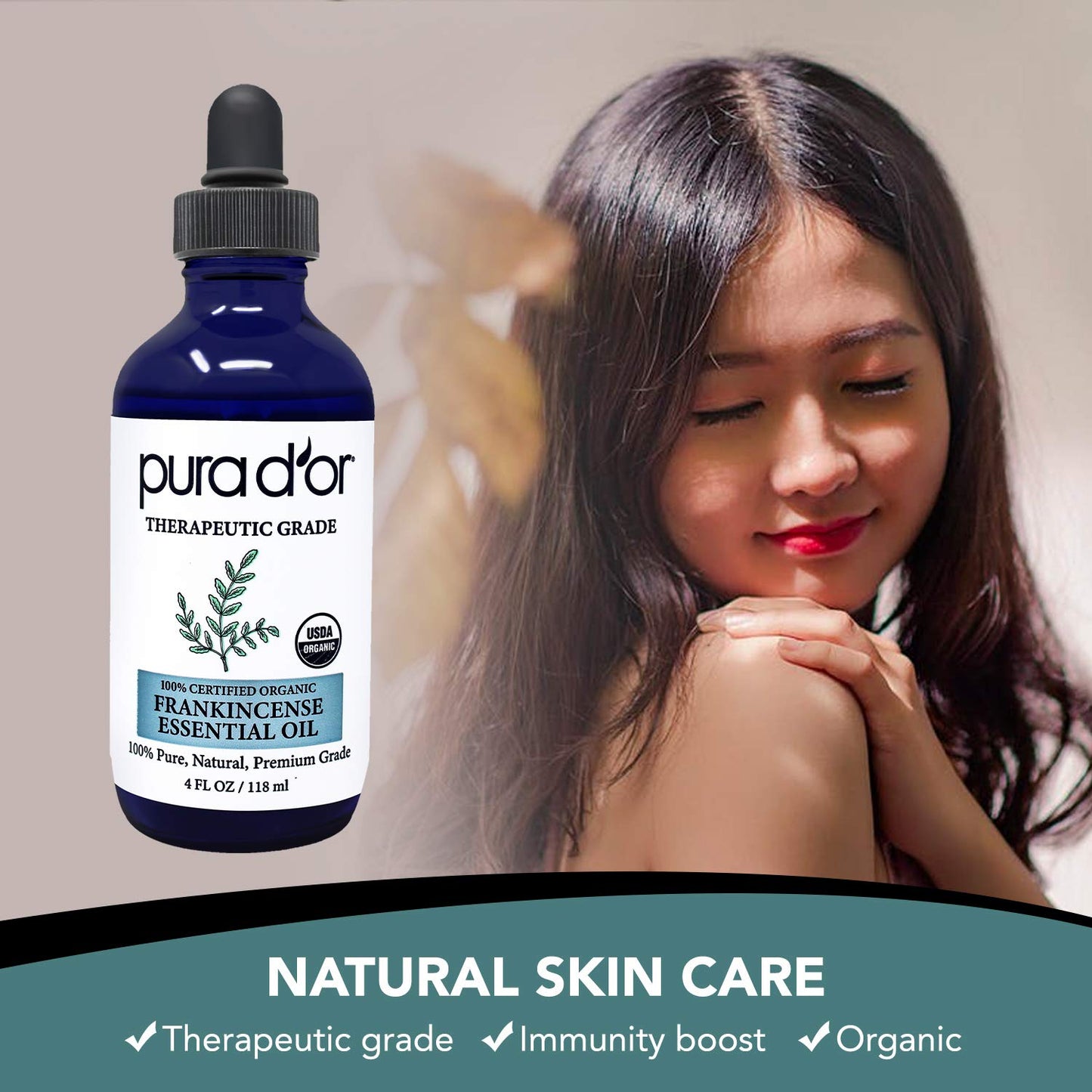 PURA D'OR ORGANIC Frankincense Essential Oil (4oz with Glass Dropper) 100% Pure & Natural Therapeutic Grade For Hair, Body, Skin, Aromatherapy Diffuser, Relaxation, Meditation, Mood, Massage, DIY Home