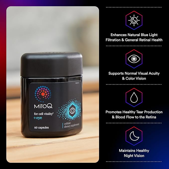 MitoQ +Eye Advanced CoQ10 Antioxidant - Contains Mitoquinol Mesylate, Lutein, Zeaxanthin, Bilberry, Maritime Pine Bark - Supports Eye Health, Blue Light Filtration & Cell Vitality (60 Capsules)