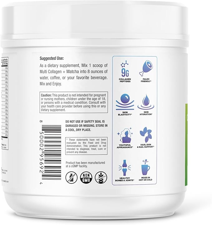 Collagen Peptides Powder - Matcha Green Tea Collagen Powder for Women - Collagen Supplements for Hair, Skin & Nails with Hyaluronic Acid - 9g Protein per Serving