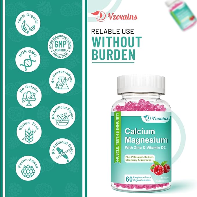 Calcium Magnesium Zinc Gummies with Vitamin D3, Sugar Free Calcium Magnesium Supplement for Bone & Teeth Strength, Muscle Function - Vegan, Raspberry Flavor, 120 Count