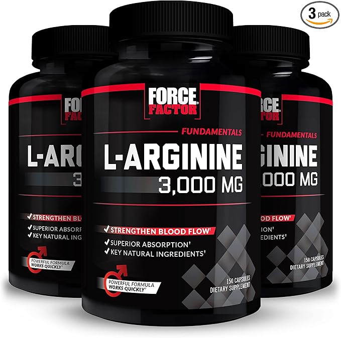 Force Factor L-Arginine,3-Pack,Nitric Oxide Supplement with BioPerine to Help Build Muscle & Support Stronger Blood Flow,Circulation,Nutrient Delivery,& Pumps,L-Arginine 3000mg,3g,450 Capsules