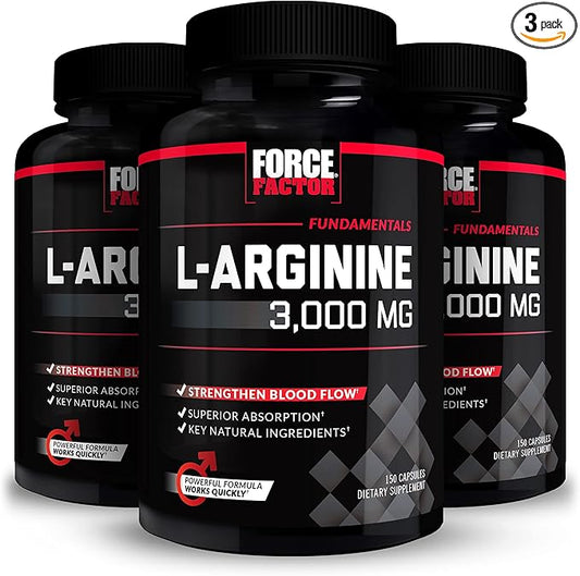 Force Factor L-Arginine,3-Pack,Nitric Oxide Supplement with BioPerine to Help Build Muscle & Support Stronger Blood Flow,Circulation,Nutrient Delivery,& Pumps,L-Arginine 3000mg,3g,450 Capsules