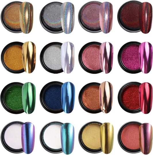 16 Colors Chrome Nail Powder Set, Metallic Mirror Effect Holographic Aurora Chameleon Pigment Glitter for Gel Polish Manicure Nail Art Decorations
