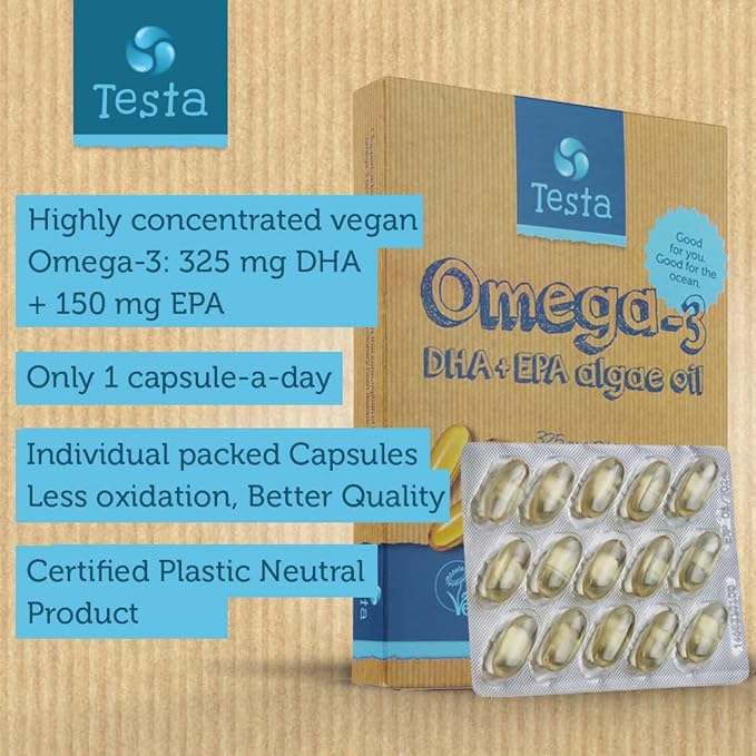 Testa Omega-3 Supplement - Vegan Based Omega 3 DHA EPA Capsules from Algae - Omega 3 Fatty acids - Supports Heart, Brain & Joint Health - Plastic Negative, RTG, and Kosher - Two Months Supply