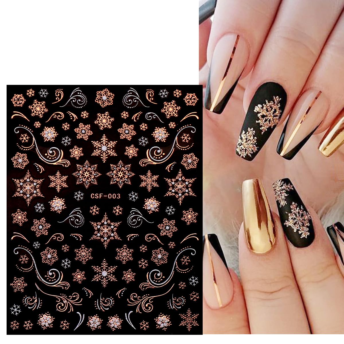JMEOWIO 9 Sheets Christmas White Glitter Nail Art Stickers Decals Self-Adhesive Snowflake Winter Holiday Rose Gold Nail Supplies Nail Art Design Decoration Accessories