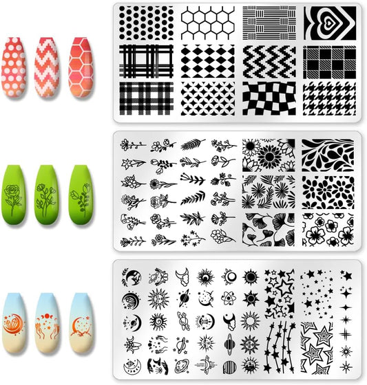 3Pcs Mix Design Nail Stamping Plate Flower Star Nail Stamping Templates French Line Tip Art Stamp Plates Sun Moon Stainless Steel DIY Reusable Tools for Manicure Printing