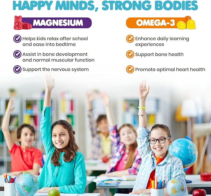 DR. MORITZ Kids Magnesium and Kids Omega 3 Gummies Bundle - Includes Low Sugar Calm Magnesium Gummies for Kids (120 Count, 2 Pack) and Vegetarian Omega 3 Gummies for Kids (90 Count), No Fish Oil